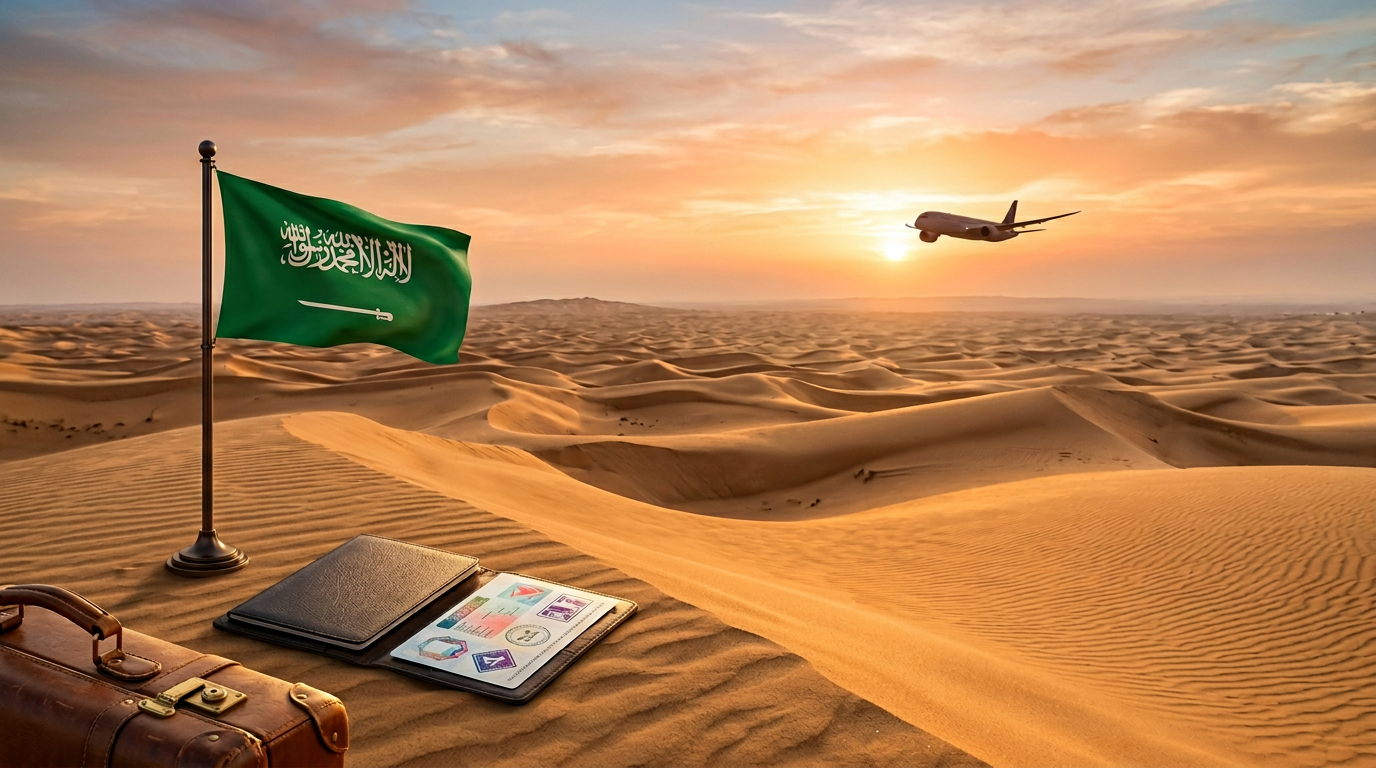 مشهد صحراء سعودية مع عناصر السفر والطيران والتأشيرة تعكس هوية المملكة